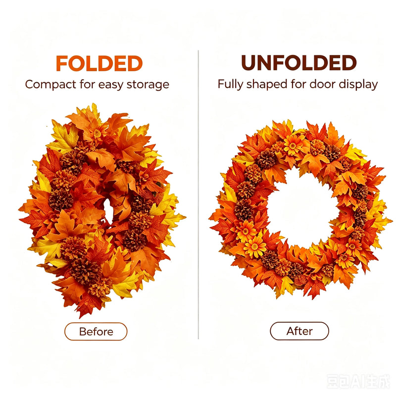 Exclusive 24 Inch Foldable Fall Wreath, Collapsible Thanksgiving Wreath with Realistic Silk Flowers, Sunset Orange Maple Leaves & Brown Mums, Perfect for Front Door, Home Decor, Wedding