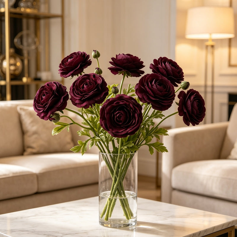 8 Pcs Real Touch Ranunculus Stems, 21 Inch Tall, Moody Burgundy Faux Flowers, Lifelike Artificial Floral for Autumn Home Decor, Vase, Wedding