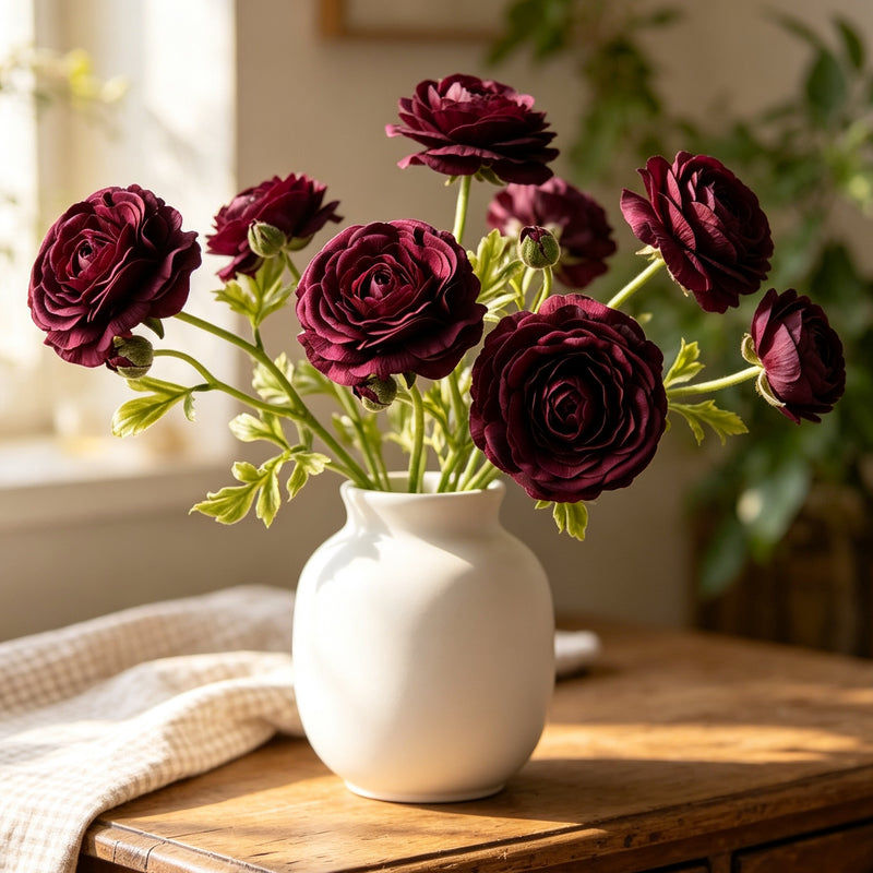 8 Pcs Real Touch Ranunculus Stems, 21 Inch Tall, Moody Burgundy Faux Flowers, Lifelike Artificial Floral for Autumn Home Decor, Vase, Wedding