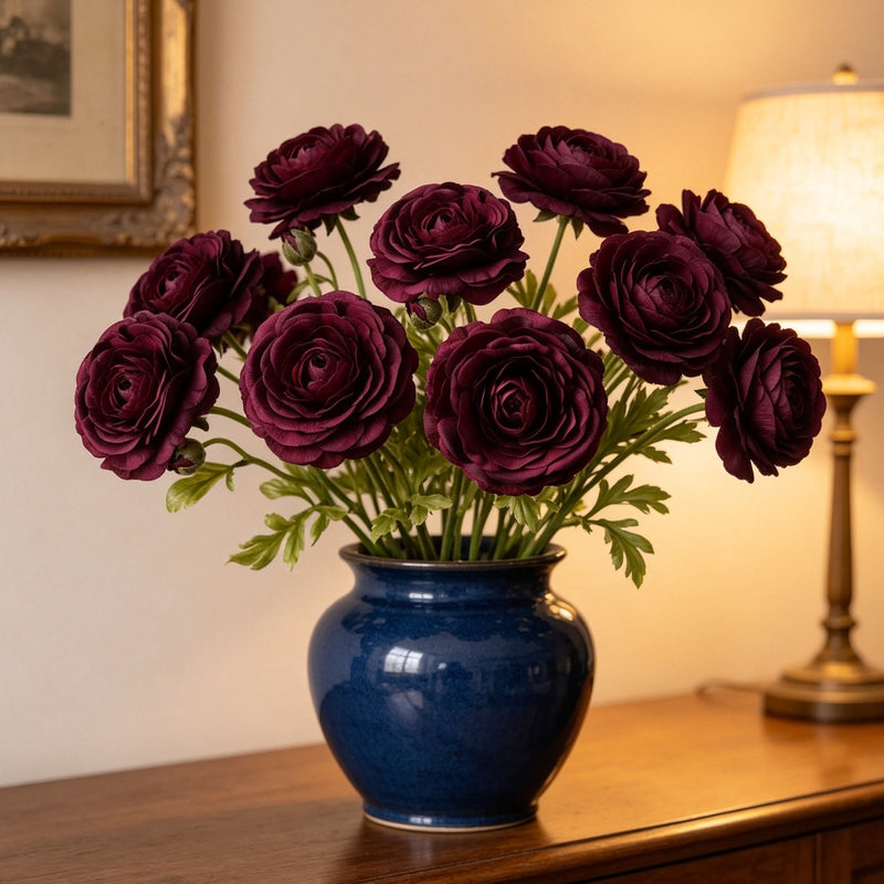 8 Pcs Real Touch Ranunculus Stems, 21 Inch Tall, Moody Burgundy Faux Flowers, Lifelike Artificial Floral for Autumn Home Decor, Vase, Wedding