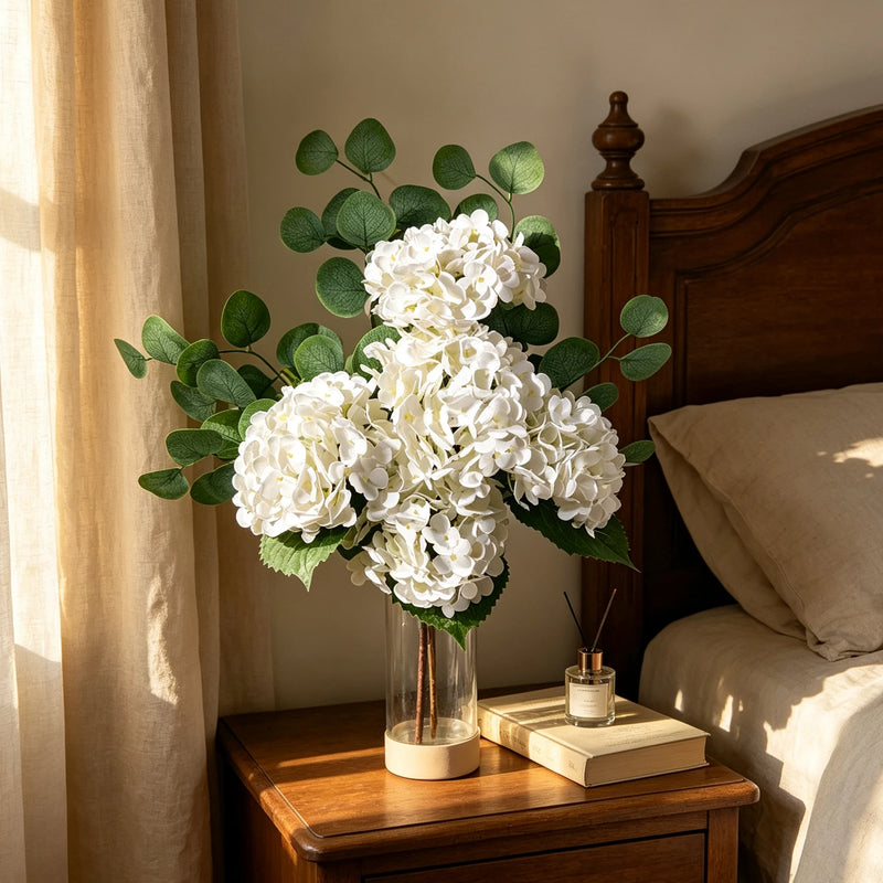 Bulk 26" Real Touch White Hydrangea & Eucalyptus Bouquet, Lifelike Artificial Flowers for Wedding Centerpiece, Vase Filler, Home Decor, DIY Floral Projects, Bulk Available