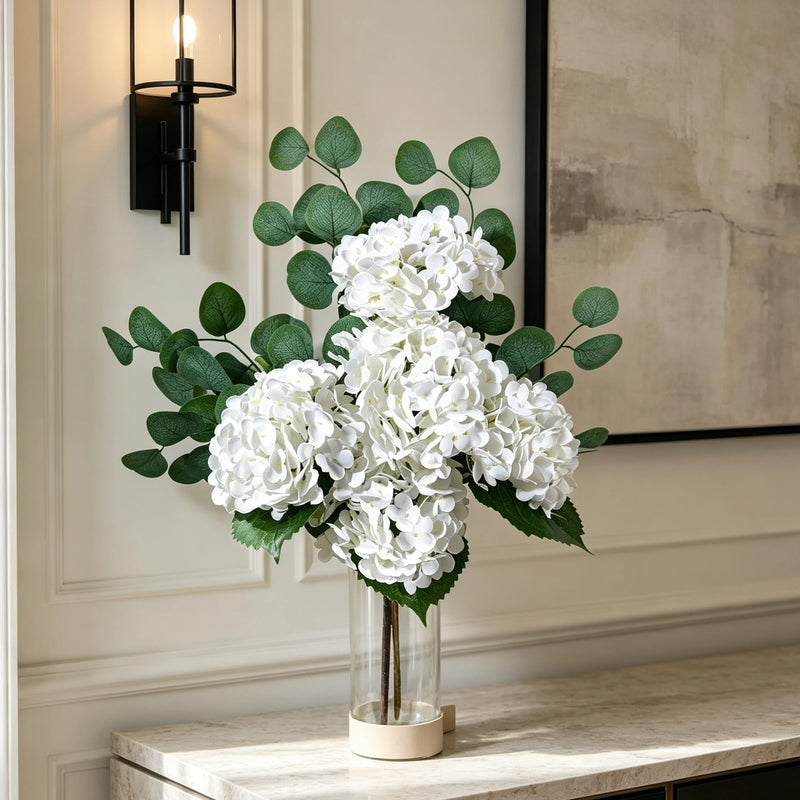 Bulk 26" Real Touch White Hydrangea & Eucalyptus Bouquet, Lifelike Artificial Flowers for Wedding Centerpiece, Vase Filler, Home Decor, DIY Floral Projects, Bulk Available