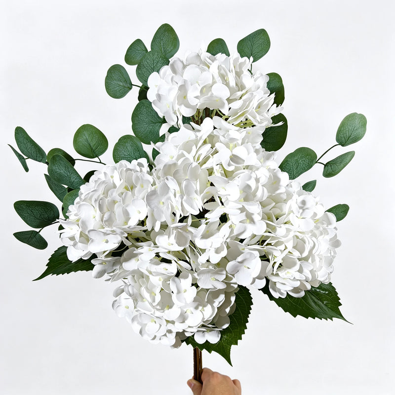 Bulk 26" Real Touch White Hydrangea & Eucalyptus Bouquet, Lifelike Artificial Flowers for Wedding Centerpiece, Vase Filler, Home Decor, DIY Floral Projects, Bulk Available