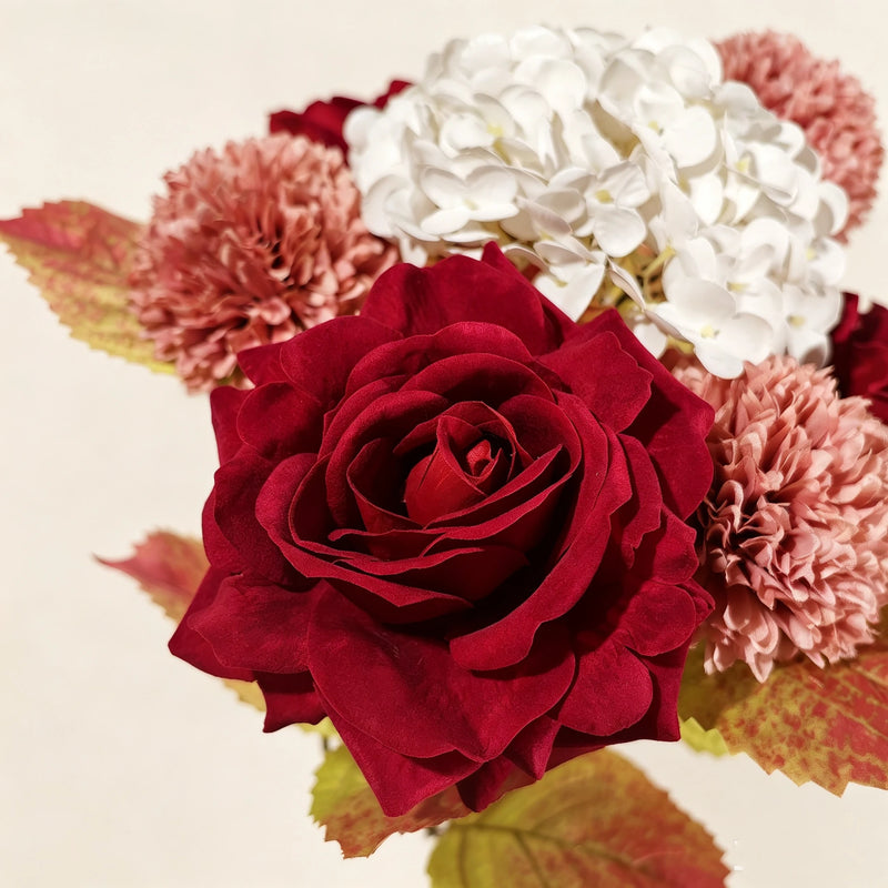 Bulk 22" Autumn Artificial Flower Bouquet Bush, Lifelike Burgundy Rose, Dusty Rose Mum & Hydrangea, Faux Floral Arrangement for Vase, Fall Home Decor, Wedding
