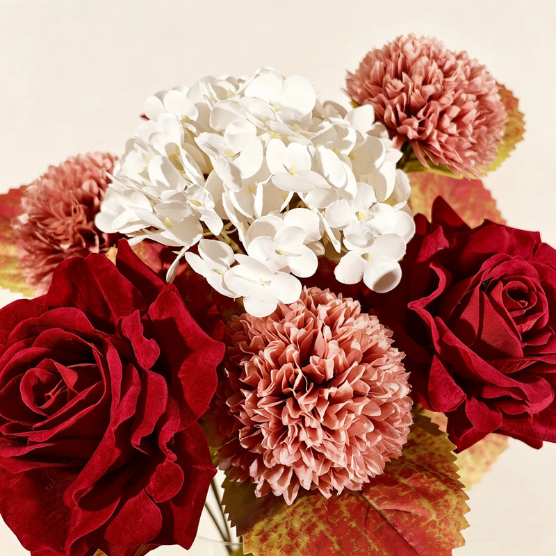 Bulk 22" Autumn Artificial Flower Bouquet Bush, Lifelike Burgundy Rose, Dusty Rose Mum & Hydrangea, Faux Floral Arrangement for Vase, Fall Home Decor, Wedding