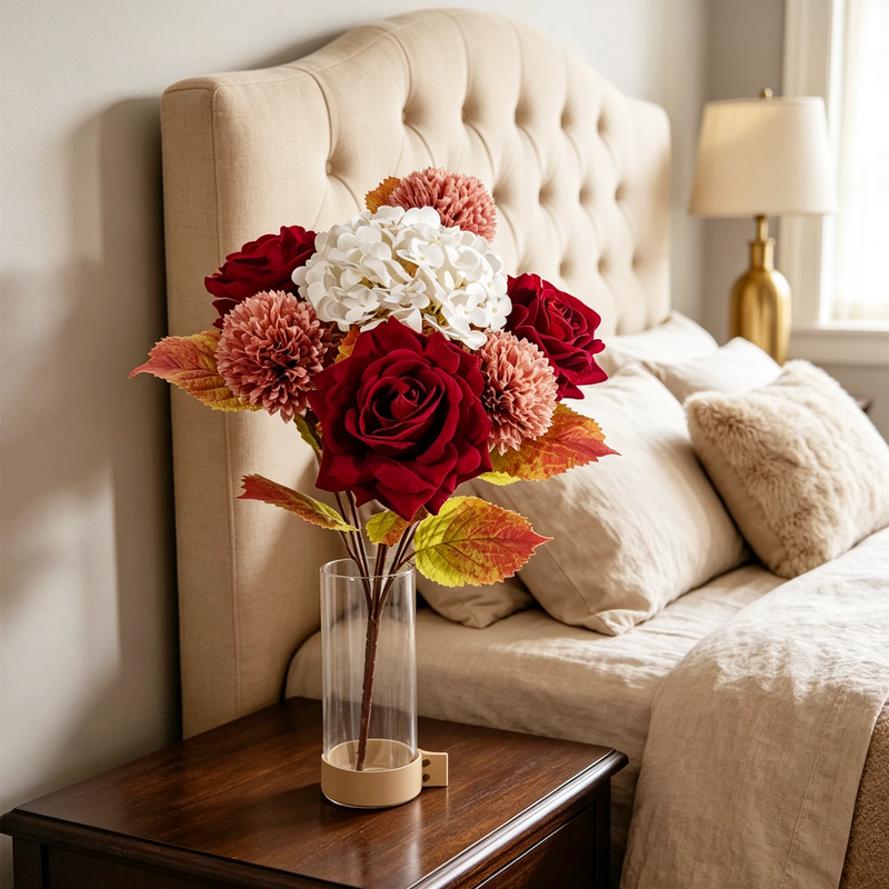 Bulk 22" Autumn Artificial Flower Bouquet Bush, Lifelike Burgundy Rose, Dusty Rose Mum & Hydrangea, Faux Floral Arrangement for Vase, Fall Home Decor, Wedding