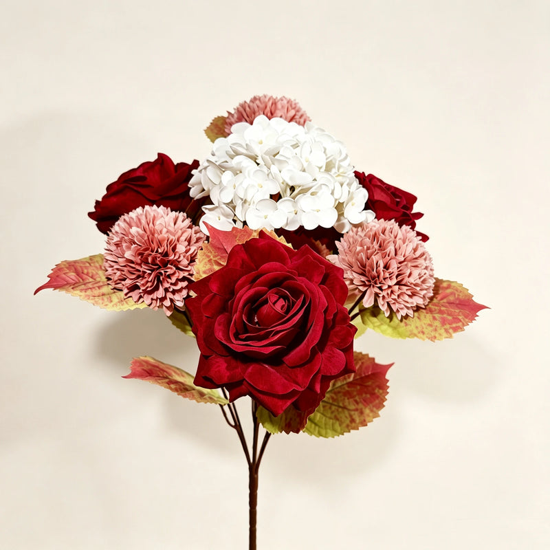 Bulk 22" Autumn Artificial Flower Bouquet Bush, Lifelike Burgundy Rose, Dusty Rose Mum & Hydrangea, Faux Floral Arrangement for Vase, Fall Home Decor, Wedding