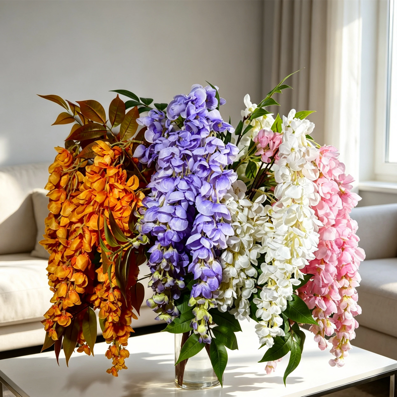 Bulk 22" Realistic Silk Wisteria Bouquet, Trailing Faux Flowers for Romantic Wedding Arch, Porch & Home Decor, Vase Filler