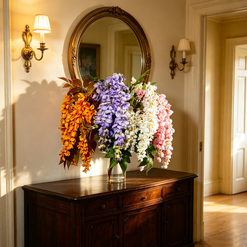 Bulk 22" Realistic Silk Wisteria Bouquet, Trailing Faux Flowers for Romantic Wedding Arch, Porch & Home Decor, Vase Filler