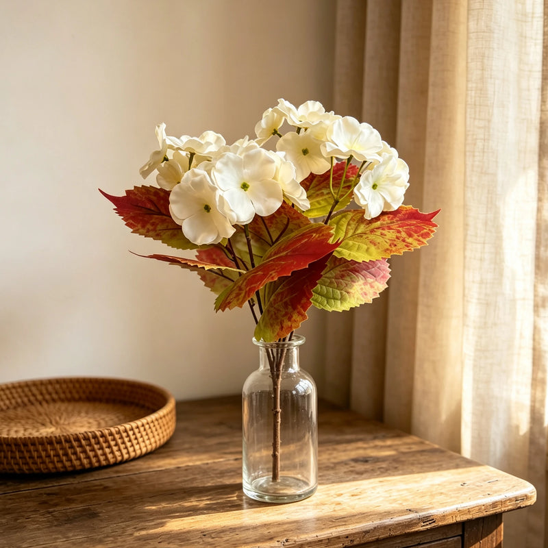 15" Autumn White Hydrangea Bouquet, Realistic Faux Flowers, Lifelike Bush for Wedding Centerpieces, Home Decor Vase & DIY Floral Arrangements