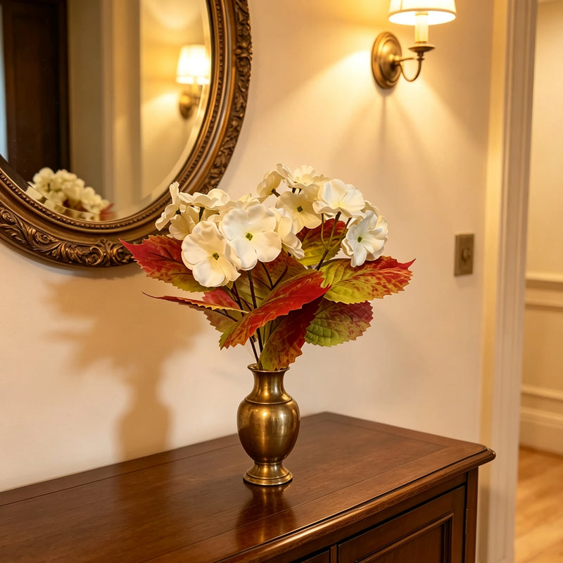 15" Autumn White Hydrangea Bouquet, Realistic Faux Flowers, Lifelike Bush for Wedding Centerpieces, Home Decor Vase & DIY Floral Arrangements
