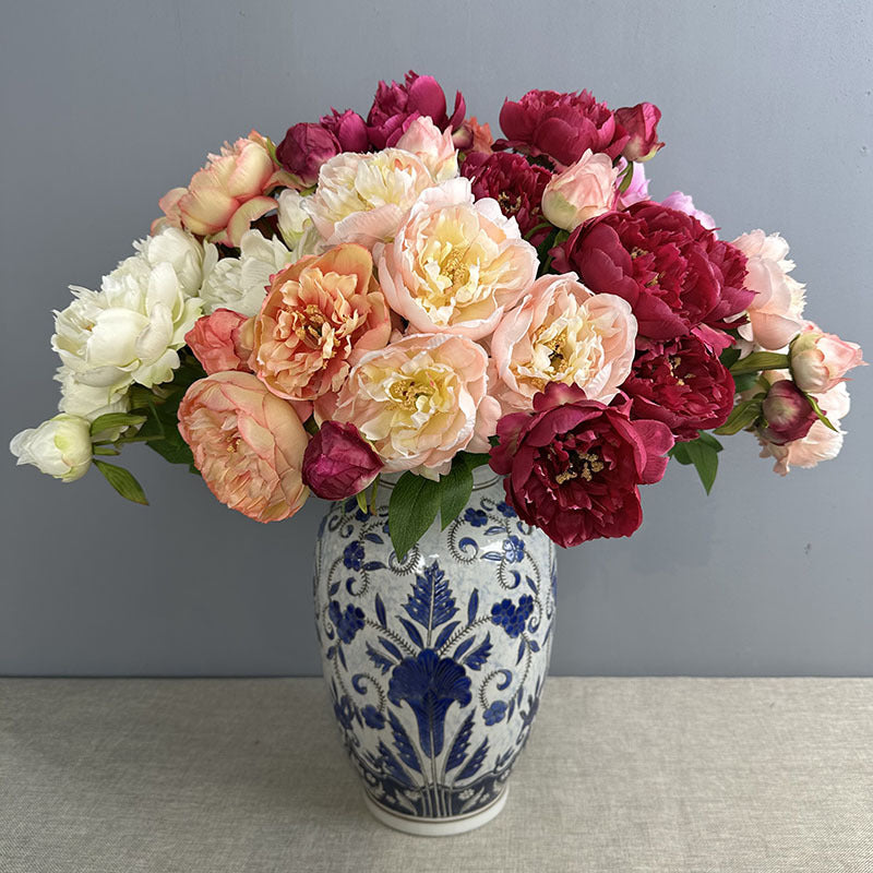 Set of 2 Lush Peony Stems, 20" Tall Artificial Flowers, Lifelike Double-Bloom Faux Peonies for Vase, Modern Farmhouse Home Decor, DIY Wedding Bouquets
