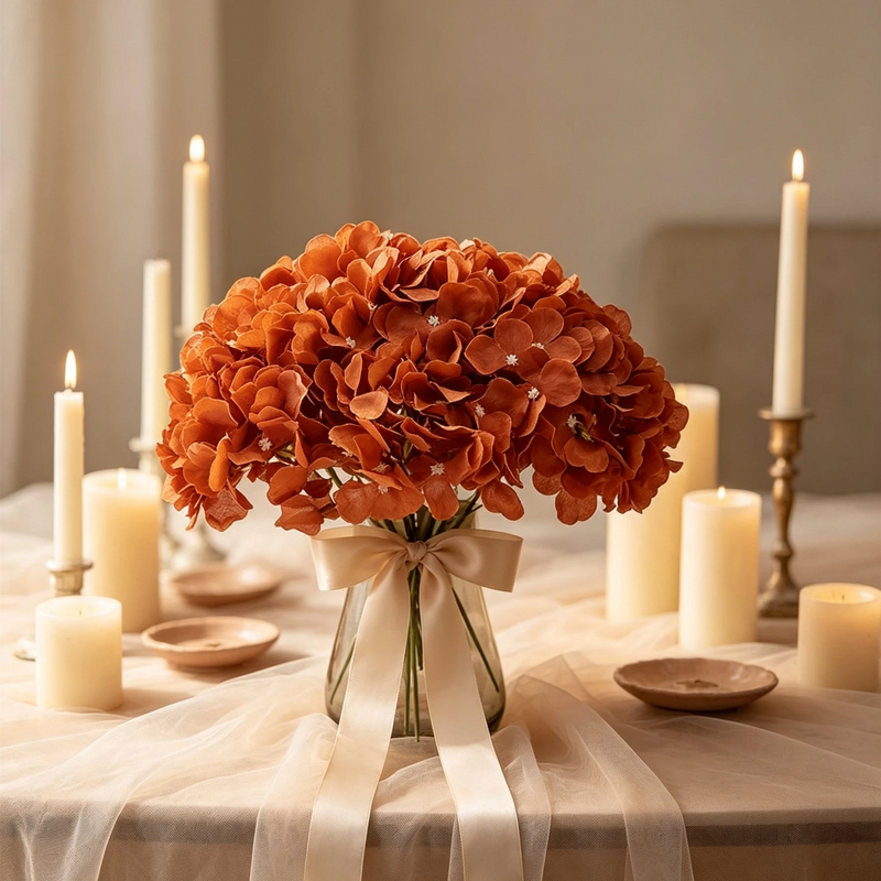 Bulk 10-Pack Large 7" Amber Hydrangea Heads – Realistic Silk Flowers with Stems