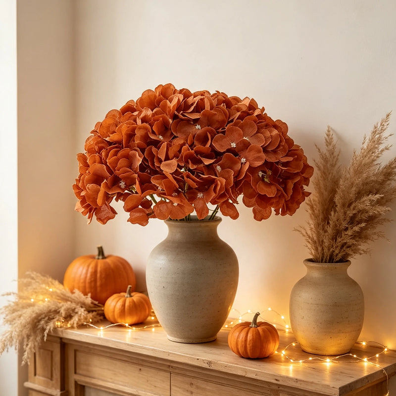 Bulk 10-Pack Large 7" Amber Hydrangea Heads – Realistic Silk Flowers with Stems