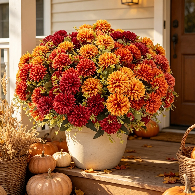 Bulk Pack of 16 Pcs 12" Artificial Fall Mums, Lifelike UV Resistant Chrysanthemums, Fake Autumn Flowers for Outdoor Planters, Porch Decor, Thanksgiving & DIY Weddings