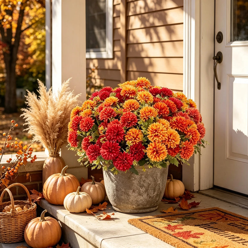Bulk Pack of 16 Pcs 12" Artificial Fall Mums, Lifelike UV Resistant Chrysanthemums, Fake Autumn Flowers for Outdoor Planters, Porch Decor, Thanksgiving & DIY Weddings
