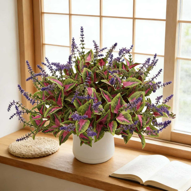Realistic Faux Coleus Bush, 15" UV Resistant Outdoor Plant, Lush Burgundy Greenery for Planters, Porch Decor, DIY Weddings & Events