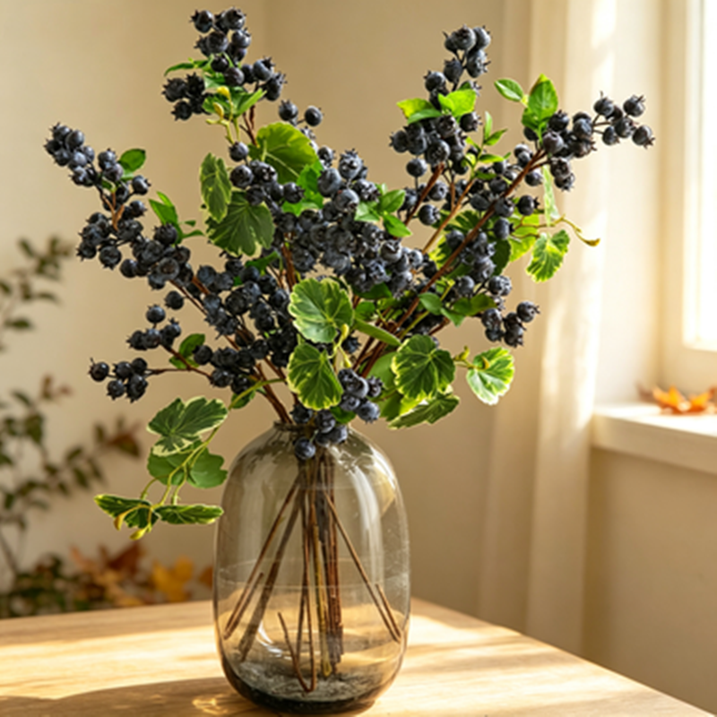 21" Realistic Faux Blueberry Stem - Perfect for Home Decor, Weddings, & Events, Low Maintenance, Allergy & Pet Safe