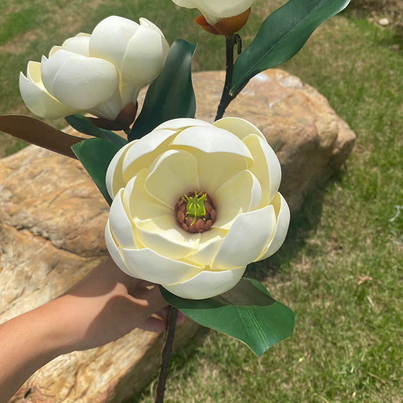 Faux Magnolia Blossom Stem, 28" Real-Touch PU Flowers, Elegant Home Decor, Perfect for Weddings, Events, and Seasonal Arrangements