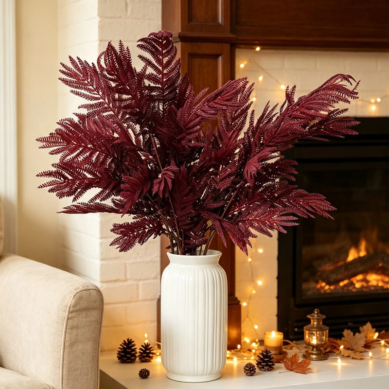 Set of 2, 39" Tall Faux Mimosa Stems in Plum, Lifelike Autumn Leaf Branch for Vase Filler, Moody Home Decor, DIY Wedding & Event Floral