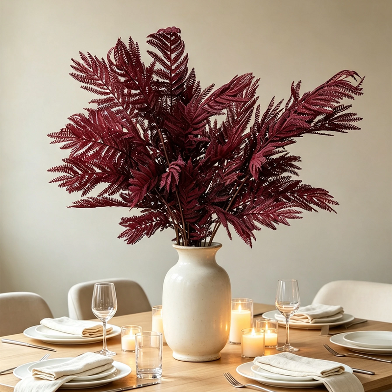 Set of 2, 39" Tall Faux Mimosa Stems in Plum, Lifelike Autumn Leaf Branch for Vase Filler, Moody Home Decor, DIY Wedding & Event Floral