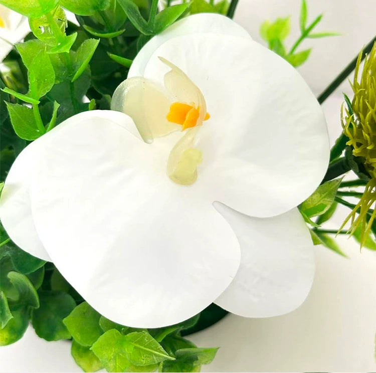 Faux White Orchid Arrangement, 8" Potted Phalaenopsis & Chrysanthemum with Eucalyptus, Realistic Small Centerpiece for Tabletop, Home Office Decor, Wedding