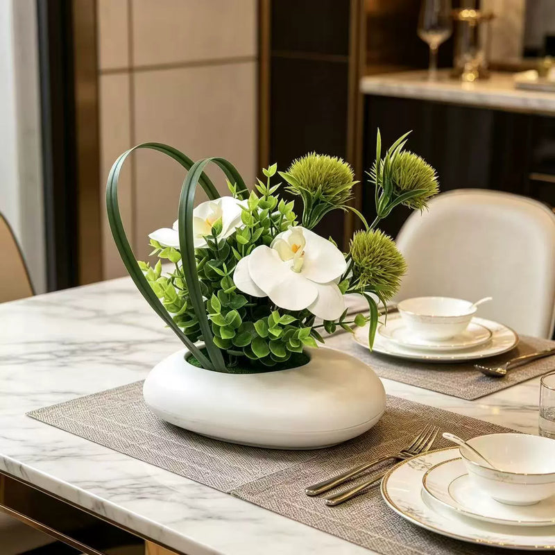 Faux White Orchid Arrangement, 8" Potted Phalaenopsis & Chrysanthemum with Eucalyptus, Realistic Small Centerpiece for Tabletop, Home Office Decor, Wedding