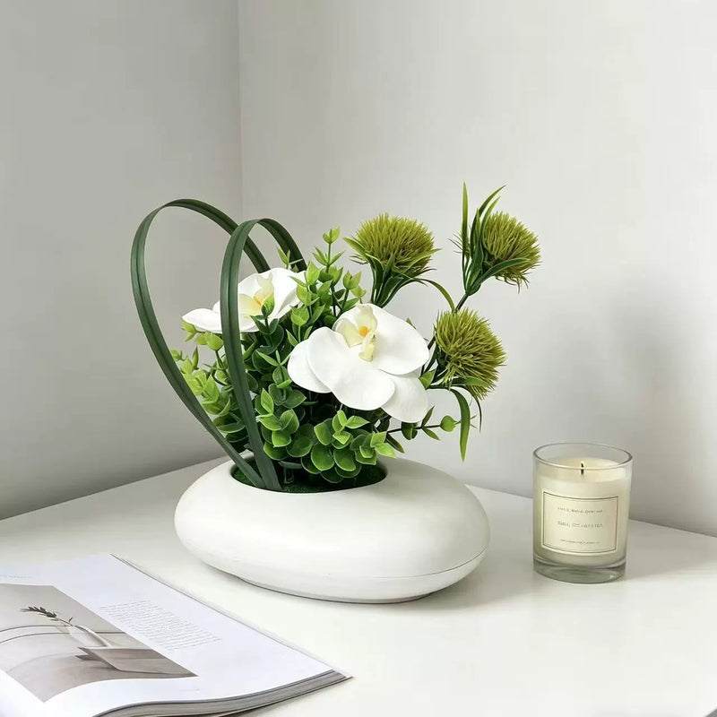Faux White Orchid Arrangement, 8" Potted Phalaenopsis & Chrysanthemum with Eucalyptus, Realistic Small Centerpiece for Tabletop, Home Office Decor, Wedding