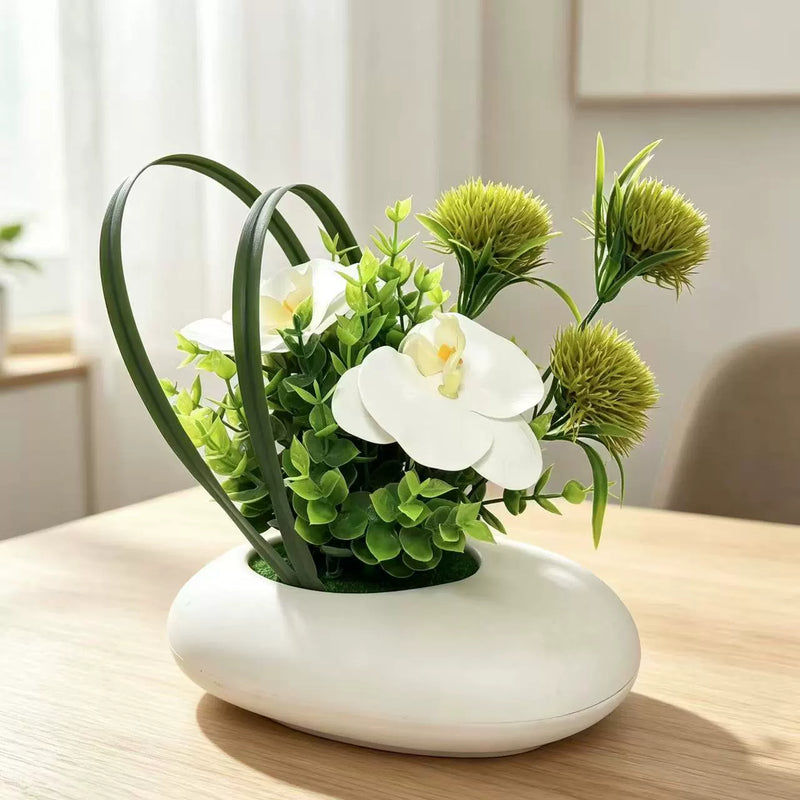 Faux White Orchid Arrangement, 8" Potted Phalaenopsis & Chrysanthemum with Eucalyptus, Realistic Small Centerpiece for Tabletop, Home Office Decor, Wedding
