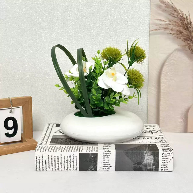 Faux White Orchid Arrangement, 8" Potted Phalaenopsis & Chrysanthemum with Eucalyptus, Realistic Small Centerpiece for Tabletop, Home Office Decor, Wedding