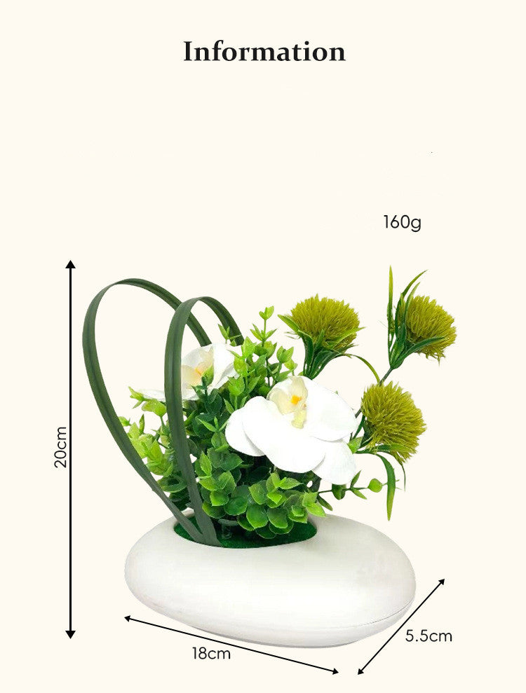 Faux White Orchid Arrangement, 8" Potted Phalaenopsis & Chrysanthemum with Eucalyptus, Realistic Small Centerpiece for Tabletop, Home Office Decor, Wedding