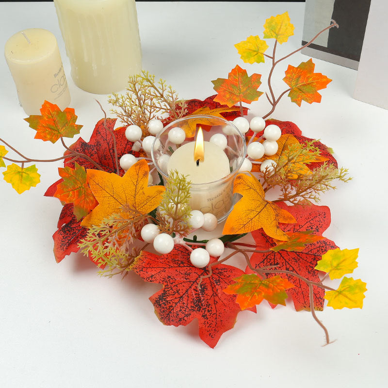 14-Inch Autumn Candle Ring with Pumpkin, Berries & Maple Leaves, Faux Fall Wreath for Thanksgiving Table Centerpiece, Halloween & Farmhouse Home Decor