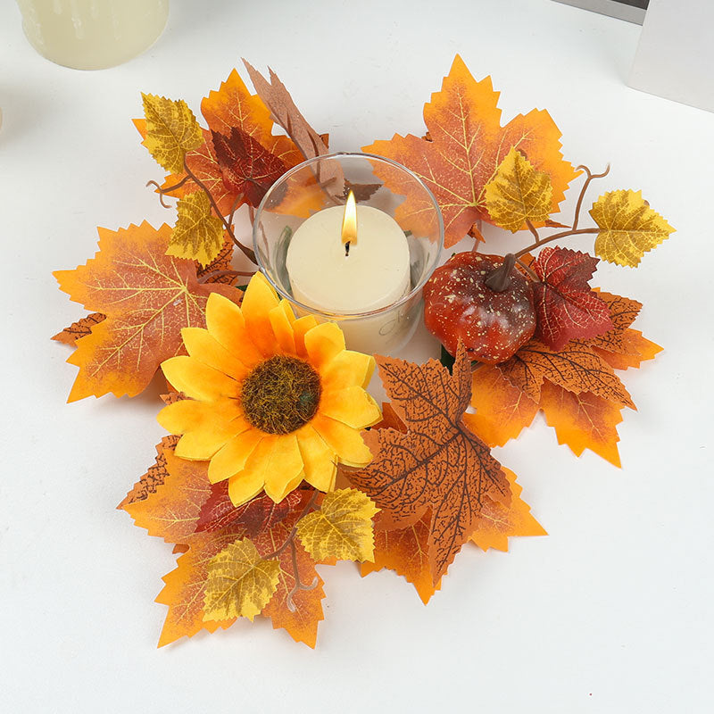 14-Inch Autumn Candle Ring with Pumpkin, Berries & Maple Leaves, Faux Fall Wreath for Thanksgiving Table Centerpiece, Halloween & Farmhouse Home Decor