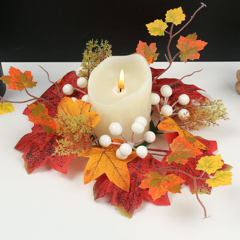 14-Inch Autumn Candle Ring with Pumpkin, Berries & Maple Leaves, Faux Fall Wreath for Thanksgiving Table Centerpiece, Halloween & Farmhouse Home Decor
