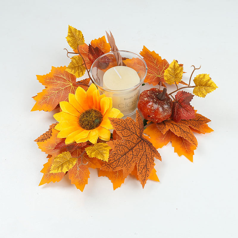 14-Inch Autumn Candle Ring with Pumpkin, Berries & Maple Leaves, Faux Fall Wreath for Thanksgiving Table Centerpiece, Halloween & Farmhouse Home Decor