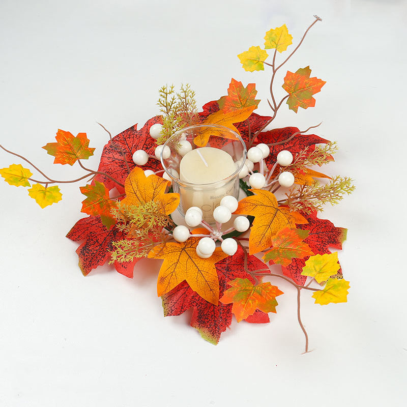 14-Inch Autumn Candle Ring with Pumpkin, Berries & Maple Leaves, Faux Fall Wreath for Thanksgiving Table Centerpiece, Halloween & Farmhouse Home Decor