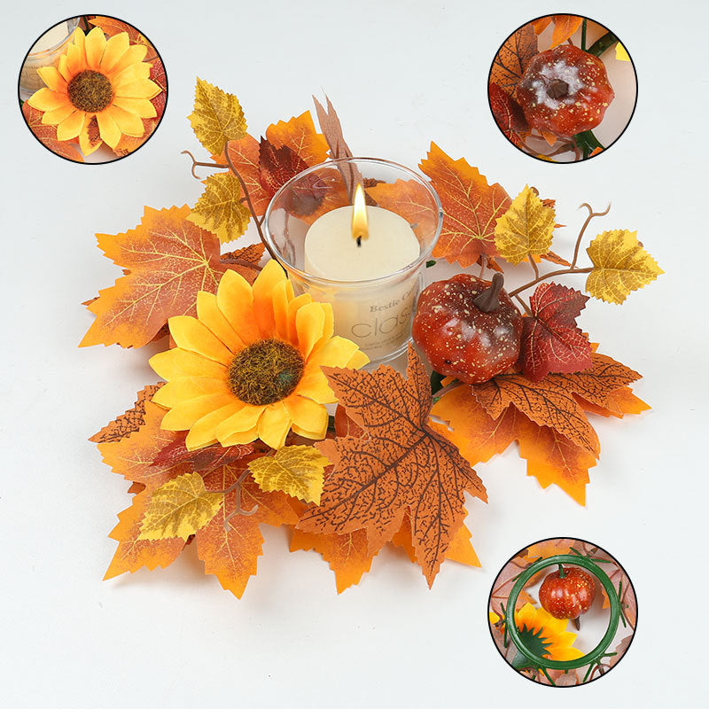 14-Inch Autumn Candle Ring with Pumpkin, Berries & Maple Leaves, Faux Fall Wreath for Thanksgiving Table Centerpiece, Halloween & Farmhouse Home Decor