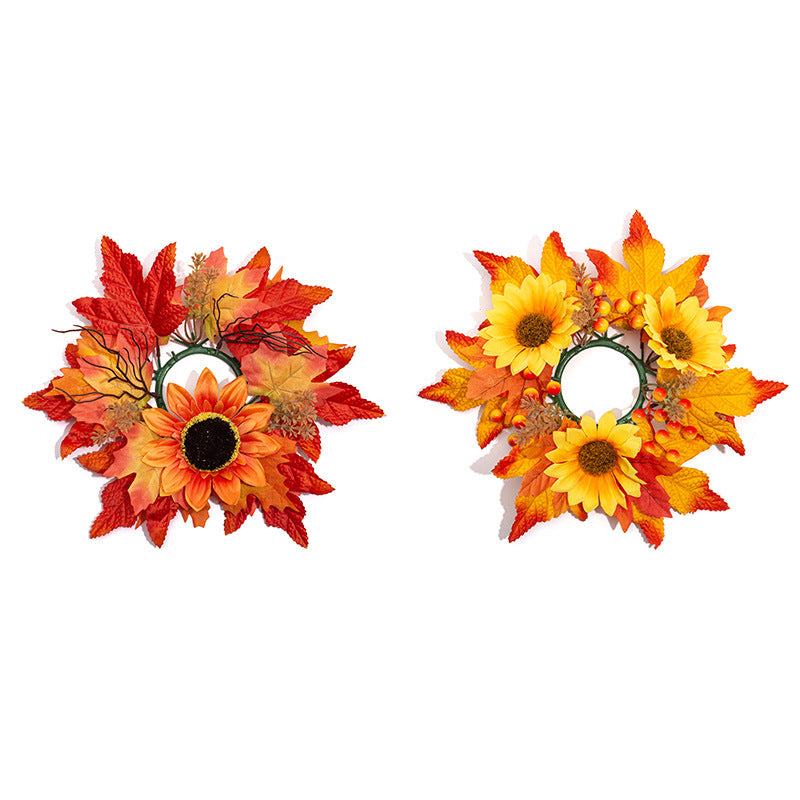 Fall Candle Ring Wreath, 13 Inch Artificial Maple Leaf & Red Berry Centerpiece, Realistic Autumn Foliage for Thanksgiving Table, Harvest Decor, Wedding Accent