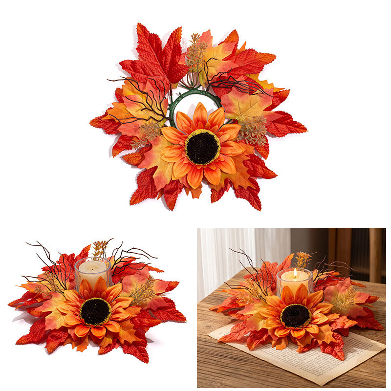 Fall Candle Ring Wreath, 13 Inch Artificial Maple Leaf & Red Berry Centerpiece, Realistic Autumn Foliage for Thanksgiving Table, Harvest Decor, Wedding Accent