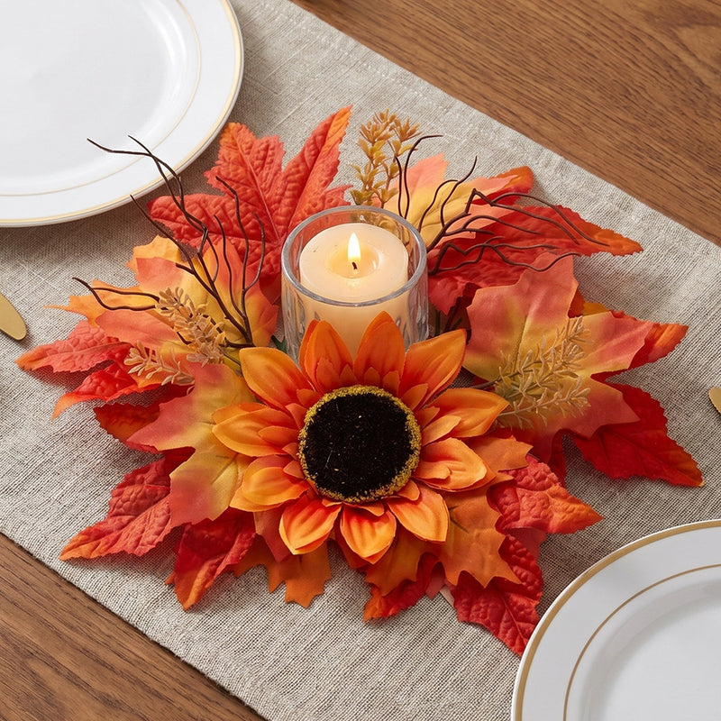 Fall Candle Ring Wreath, 13 Inch Artificial Maple Leaf & Red Berry Centerpiece, Realistic Autumn Foliage for Thanksgiving Table, Harvest Decor, Wedding Accent