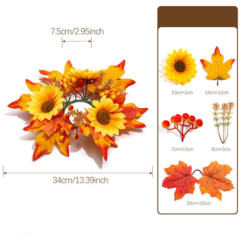 Fall Candle Ring Wreath, 13 Inch Artificial Maple Leaf & Red Berry Centerpiece, Realistic Autumn Foliage for Thanksgiving Table, Harvest Decor, Wedding Accent