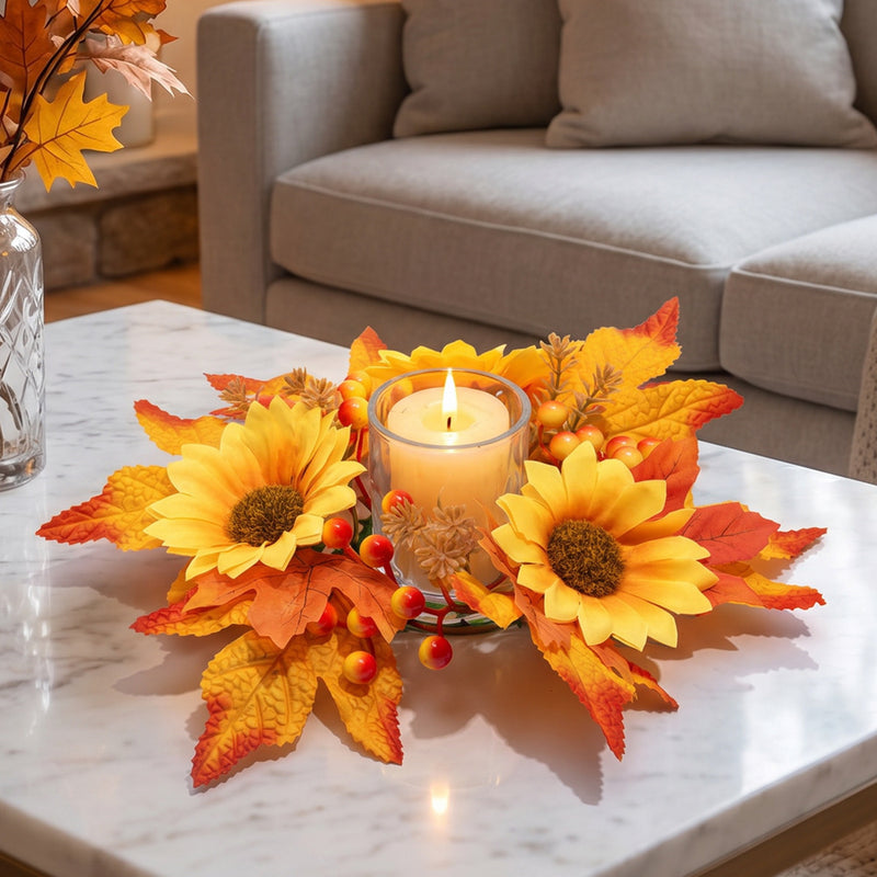 Fall Candle Ring Wreath, 13 Inch Artificial Maple Leaf & Red Berry Centerpiece, Realistic Autumn Foliage for Thanksgiving Table, Harvest Decor, Wedding Accent