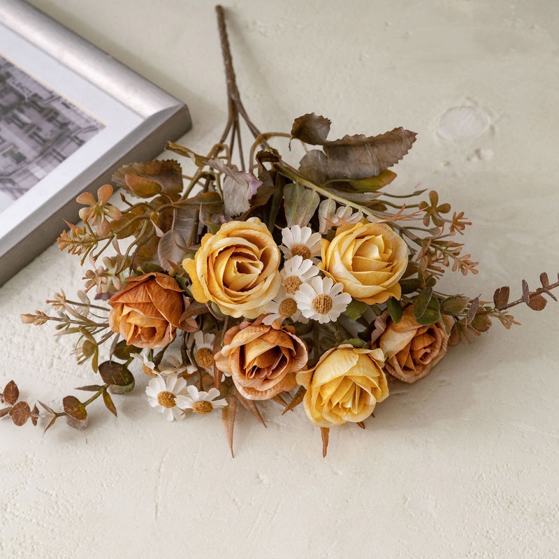 6-Head Faux Rose Bouquet, 13" Realistic Autumn Romance Flowers, Life-Like Artificial Roses for Wedding, Home Decor, Vase Centerpiece