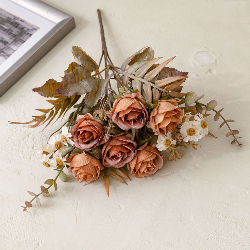 6-Head Faux Rose Bouquet, 13" Realistic Autumn Romance Flowers, Life-Like Artificial Roses for Wedding, Home Decor, Vase Centerpiece