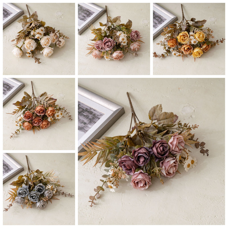 6-Head Faux Rose Bouquet, 13" Realistic Autumn Romance Flowers, Life-Like Artificial Roses for Wedding, Home Decor, Vase Centerpiece