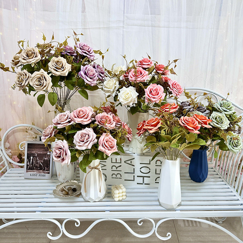 Faux Curled Edge Rose Bouquet, 22" Realistic Artificial Flowers for Home Decor, Weddings, Events, and Seasonal Arrangements