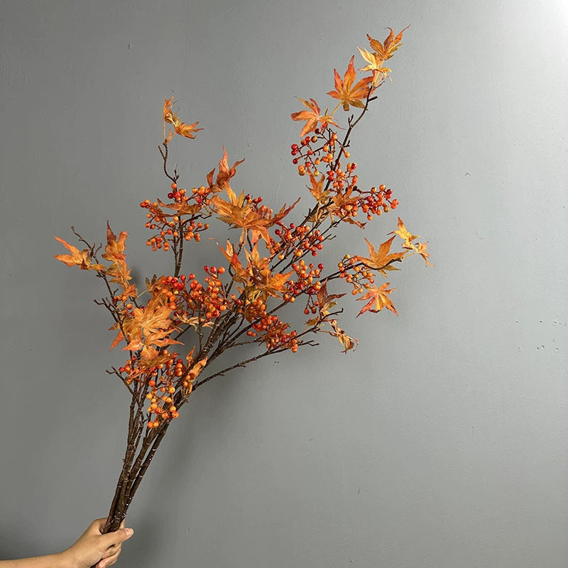 39" Tall Artificial Autumn Maple Leaf Branch, Realistic Faux Red Berry Stems for Vase Filler, Fall Home Decor, Thanksgiving & Wedding Centerpiece