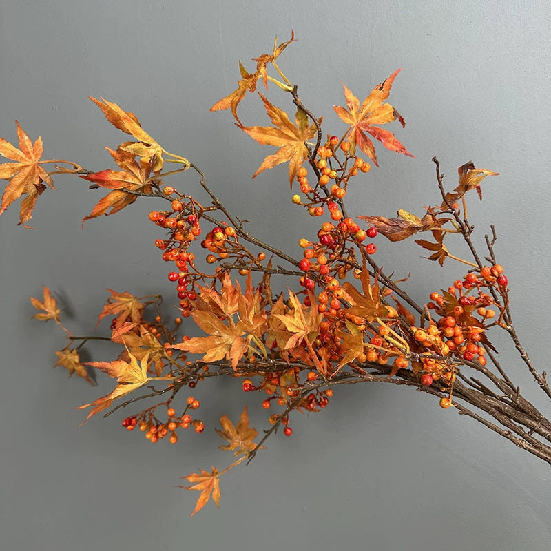39" Tall Artificial Autumn Maple Leaf Branch, Realistic Faux Red Berry Stems for Vase Filler, Fall Home Decor, Thanksgiving & Wedding Centerpiece