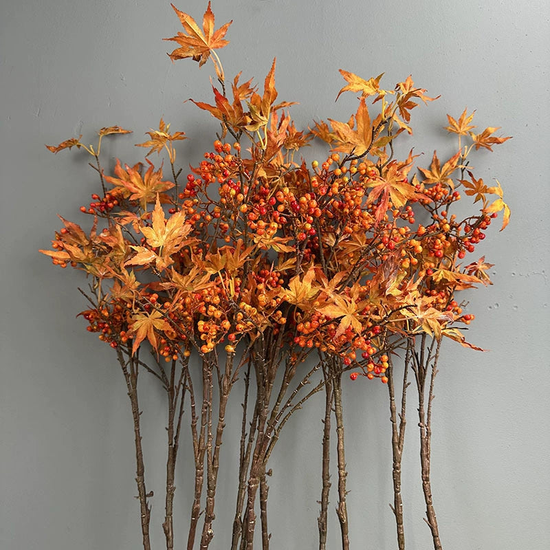 39" Tall Artificial Autumn Maple Leaf Branch, Realistic Faux Red Berry Stems for Vase Filler, Fall Home Decor, Thanksgiving & Wedding Centerpiece