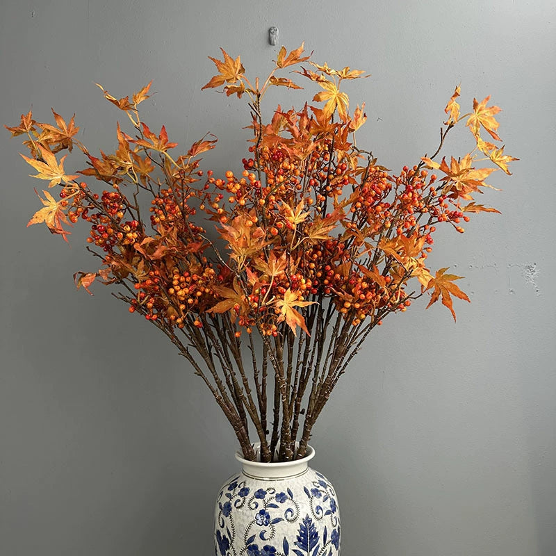 39" Tall Artificial Autumn Maple Leaf Branch, Realistic Faux Red Berry Stems for Vase Filler, Fall Home Decor, Thanksgiving & Wedding Centerpiece